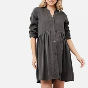 Ripe Deni Tencel Maternity Cuffed Long Sleeve Front Button Black Shirt Dress